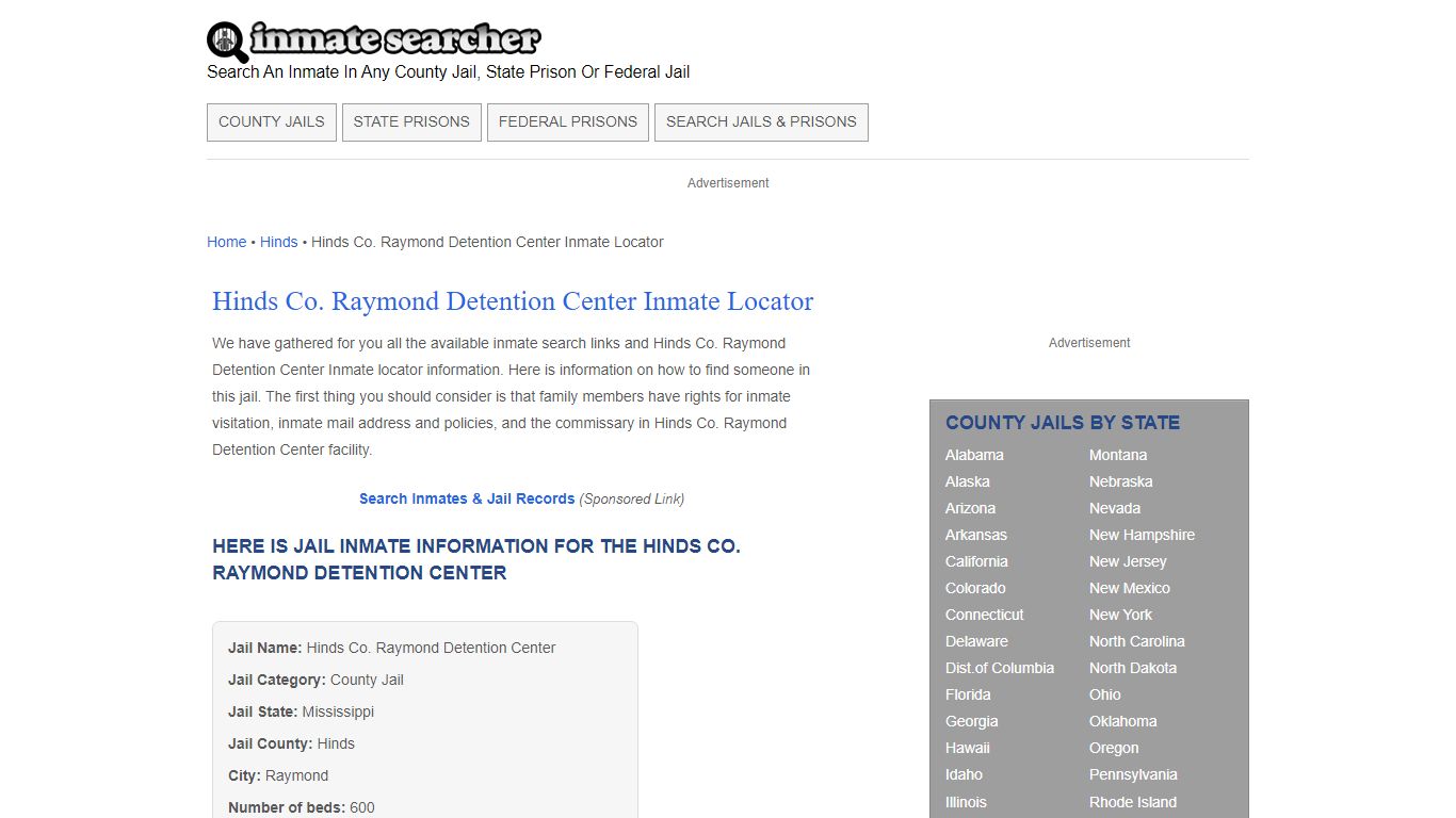 Hinds Co. Raymond Detention Center Inmate Locator - Inmate Searcher