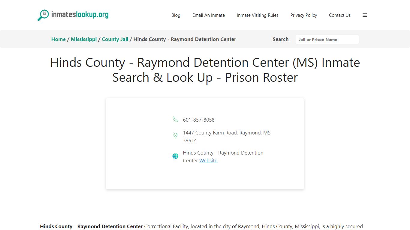 Hinds County - Raymond Detention Center (MS) Inmate Search & Look Up ...